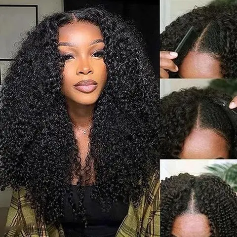 [BB Face] Kinky Curly V-Part Human Hair Wig Glueless Wig For Black Women 180% Density With Drawstring No Lace Seamless Wig Beginner Friendly
