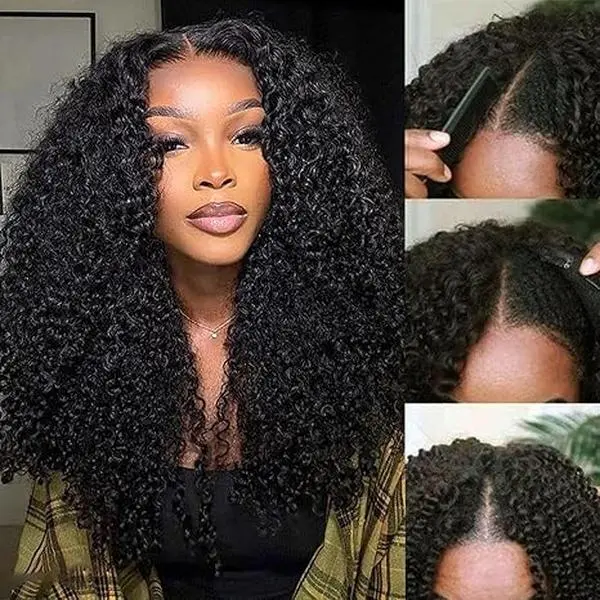 [BB Face] Kinky Curly V-Part Human Hair Wig Glueless Wig For Black Women 180% Density With Drawstring No Lace Seamless Wig Beginner Friendly
