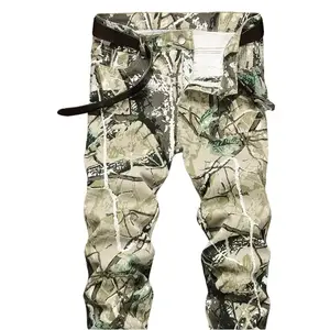Forest Hunting Camouflage Denim Men's Trousers Khaki Cotton Mid Waist Straight Fit Zip Placket Four Seasons Adult Jeans