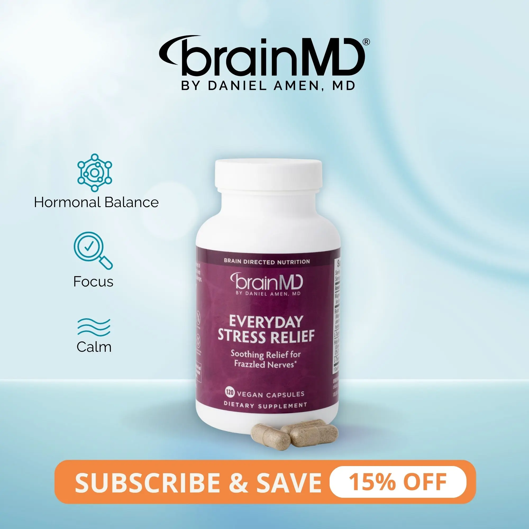 Everyday Stress Relief | BrainMD | 120 Capsules | Calm & Stress Support | Mood Balance & Mental Focus | Relora with Holy Basil & L-Theanine