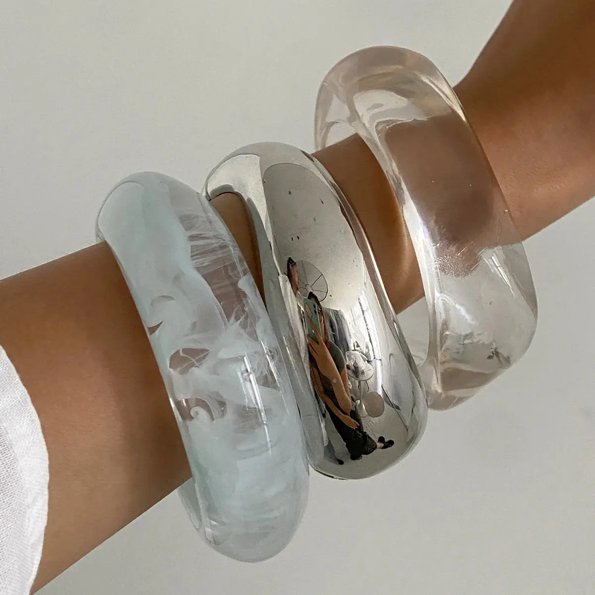 DIEZI Punk Geometric Clear Acrylic Resin Wide Bangles Vintage Fashion Silver Color Metal Bracelet Bangle For Women Men Jewelry