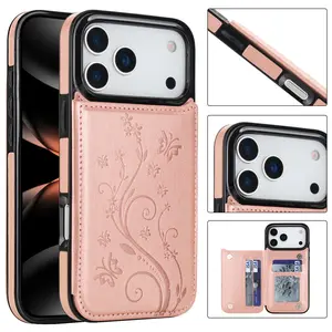 Phone case with card slot design suitable for iPhone 17 Pro Max, embossed butterfly pattern leather case for 17 Pro/17/17 Air, dual buckle flip cover with card slot