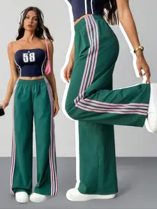 Women's Elastic Waist Striped Wide Leg Pants, Casual Lounge Pants, Comfortable Casual Sporty Long Trousers, Fashion Versatile Ladies' Bottoms
