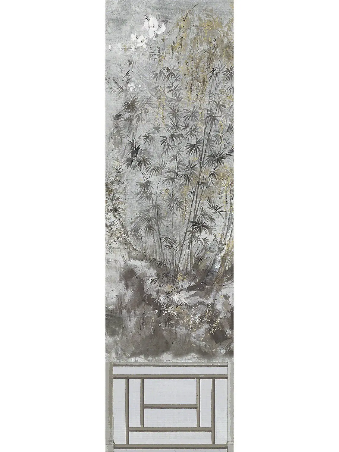 Crested Crane Silver Gold Grasscloth Mural Wallpaper, Panel 1