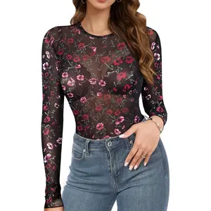 Mesh Long Sleeve Top for Women, Lace Sheer Tops See Through Mock Neck Floral Embroidery Sheer Blouce Fishnet Shirt
