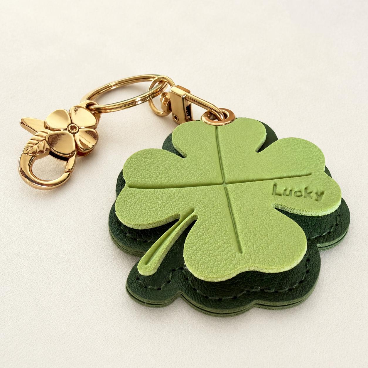 Lucky Clover AirTag Holder Keychain - Kawaii Accessories, 5.8×6 cm Fully Enclosed PU Leather Case with Secure Snap, Cute Charm, Aesthetic Keychains, Car Key Ready Bag Accessory for Purses EDC Gear, Unisex Gift