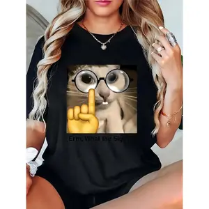 Women's Black T - Shirt, Funny Cat with Glasses & Middle Finger Emoji, "Erm, What the Sigma?" Meme, Casual Daily Party Streetwear, Trendy Humorous Top for Girls Ladies 100% Cotton T-shirt