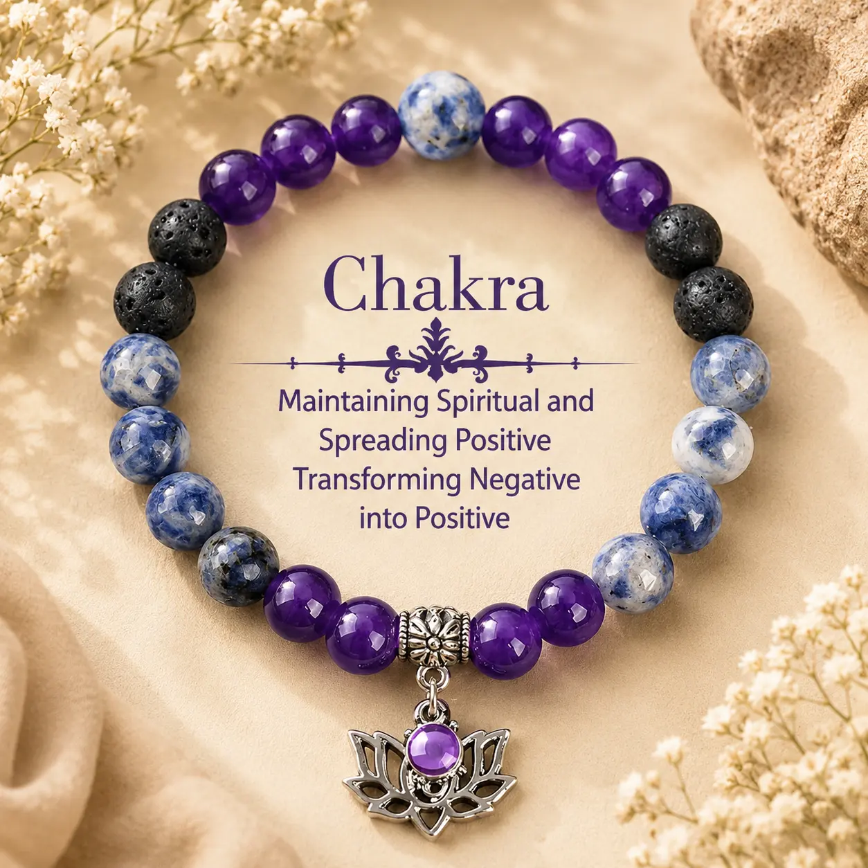 ARPURRAINA Beaded Bangle with Yoga Lotus Charm - Natural Stone Crystal Blue Elastic Energy Healing Bracelet, Chakra Protection, Spiritual Gift for Style Elevation