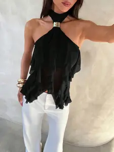 Sheer Layered Ruffle Top with Halter Neck, Metal Buckle Detailing, Backless Design, Romantic, Sexy & Chic Style for Dates & Outings