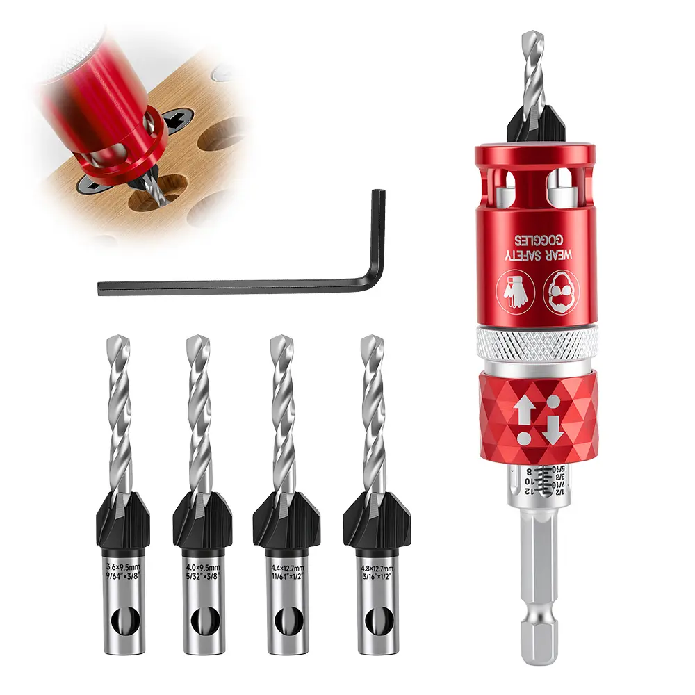 4PCS Adjustable Countersink Drill  Set, M2 HSS Woodworking Drill  with Depth Stop Collar, Create Perfect Flush Screw Holes in One Step, Includes L-Key & PH2  for DIY Projects Chip Design Hss Edges