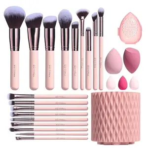 BS-MALL Makeup Premium Synthetic Foundation Powder Concealers Eye Shadows 18 Pcs with 5 sponge & Holder Sponge Case (A-Pink) glitz and glam Storage Brush