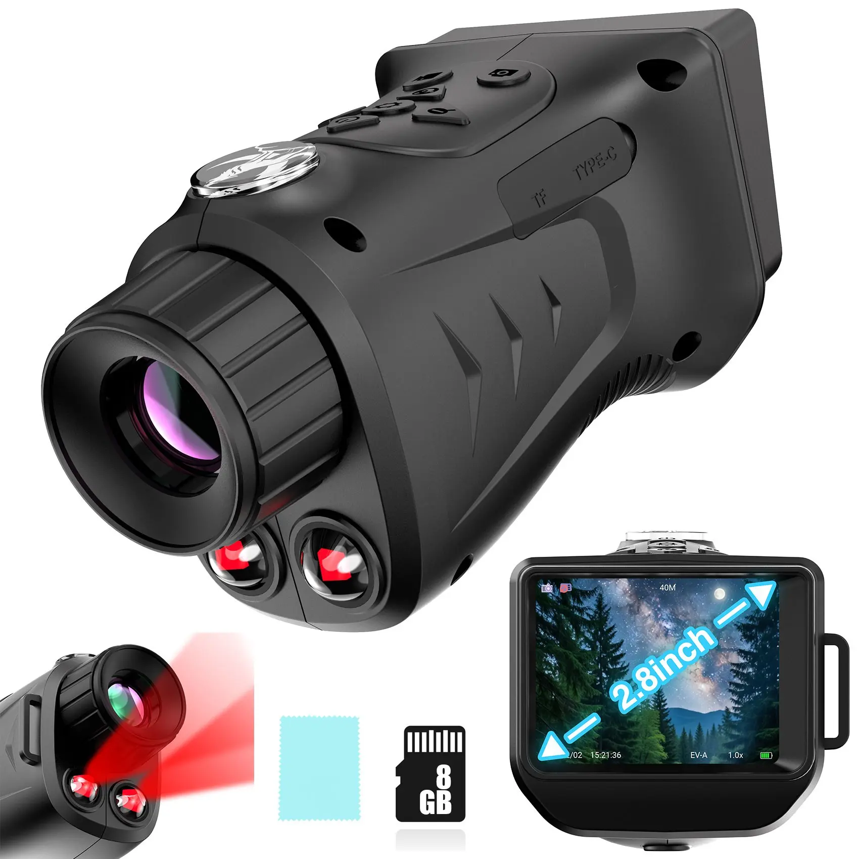 Night Vision Monocular, 2.8" Large Screen, 850nm Dual IR, 8GB Memory Included, 328 Yards Range, 3000mAh Rechargeable, Starlight Digital Infrared Camera for Hunting, Camping & Security, Survival Tools