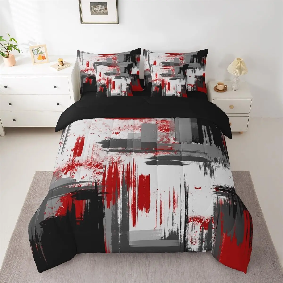 Feelyou 7-Piece Breathable Abstract Print Bedding Set - Art-Inspired Red Grey Black Pattern, Includes Comforter, Sheet Set, Pillowcases, 18x18 Cushion Covers, Multi-Size Unique Design, Cushion Cover, 18X18 Cushion Cover
