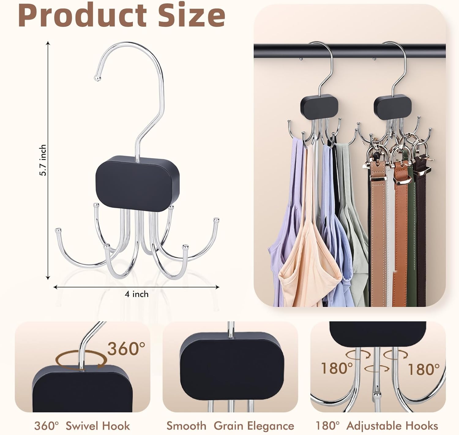 3 Pack Tank Top Hangers, 2026 Upgraded Bra Hanger for Closet Organizer & Storage, 360° Rotating & Foldable Design, Wooden Space-Saving Hanger for Tank Tops, Bras and More (Black) Hook Hanging