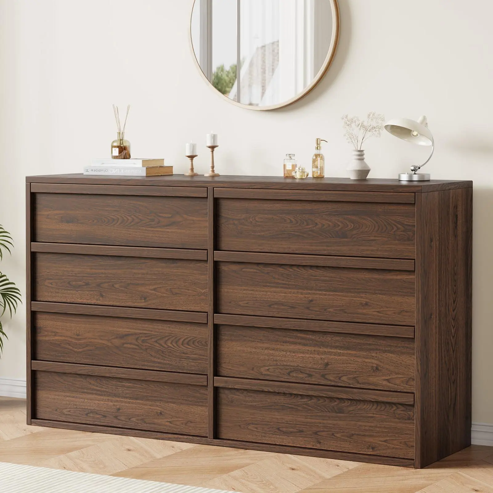 8 Drawer Dresser for Bedroom, 54" Wide Modern Dressers & Chest of Drawers with Large Storage, Wooden Dresser Organizer Closet for Living Room, Entryway, Nursery, Walnut