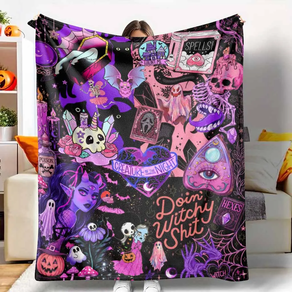 Witchy Gothic Halloween Flannel Blanket Witch Print Soft Cozy Warm Plush Lightweight for Sofa Bed Couch Bedroom Living Room Dorm Party and Gift Giving Decor