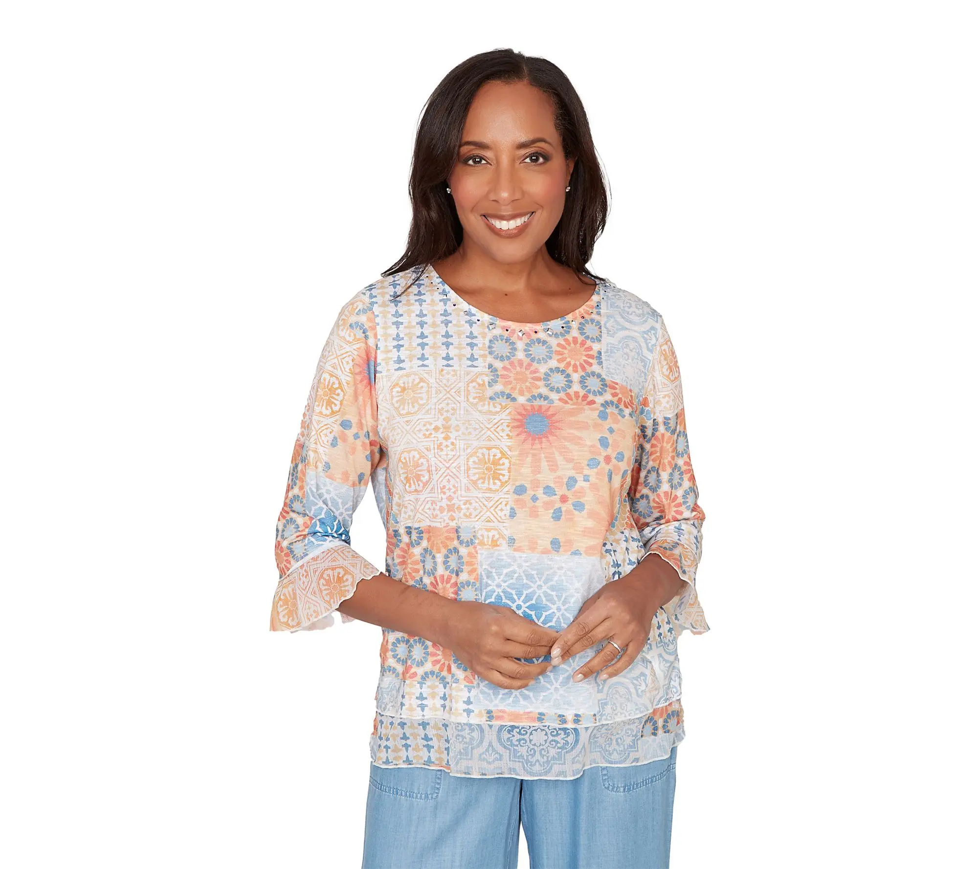Alfred Dunner Petite Patchwork Medallion Ruffle Sleeve Top