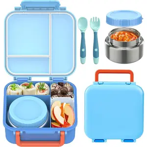 Kids Bento Lunch Box with Soup Thermo (9oz)– Hot & Cold Lunch Container with Leak Proof Insulated Food Jar for School Girls Boys, 4-Compartments, Blue