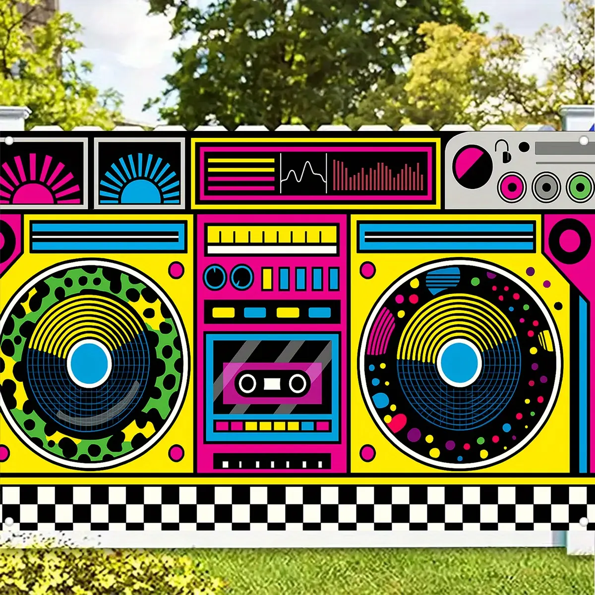 Durable Polyester Retro Neon Theme Sound System Backdrop Banner - Colorful 70s-80s Graffiti Hip-Hop Style Decoration for Birthday, Neon Dance Parties