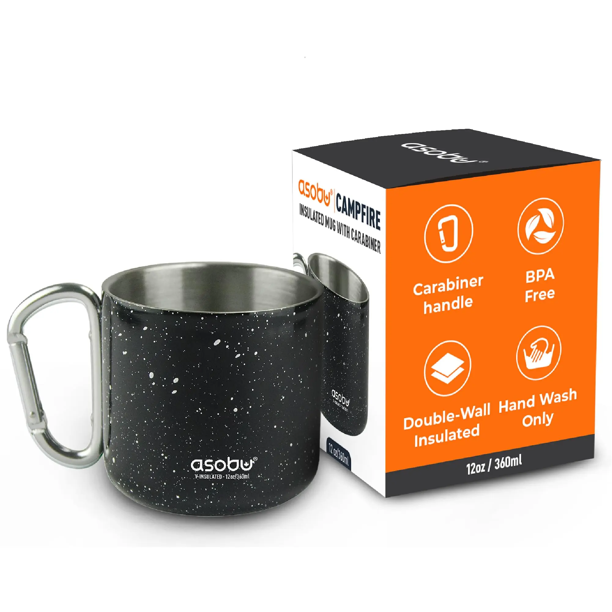 asobu Campfire Mug, 12oz Camping Coffee, Compact Tea Stainless Steel Double-Wall Carabiner Handle for Outdoor Adventures, Mug for Travel, Hiking, Gifts for Camping