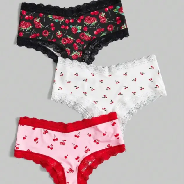 Kawaii 3pcs/Set Strawberry Cherry Printed Lace Trimmed Triangle Panties