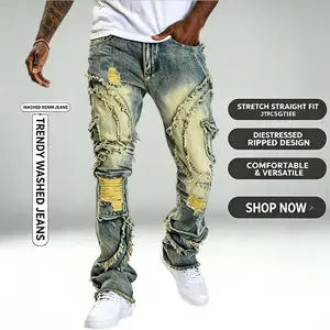Men's slim-fitting distressed ripped denim jeans, vintage streetwear menswear, creative pocket edges, old stretch flared pants, all-season Y2K washed flanged fabric trousers, men's casual clothing