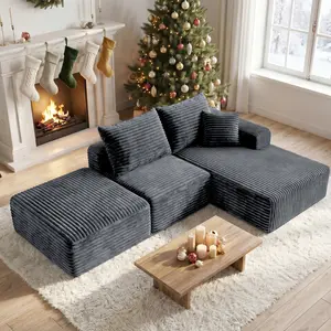 couch L-Shape Sectional Couches, Soft Cozy Corduroy Cloud Couch, Modern Comfort Boneless Modular Sofa with Chaise and Movable Ottoman, Ideal for Living Room, Bedroom, Home & Apartment, No Assembly Required, Gray, Ships in 2 Packages seat height