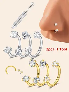 Horseshoe Nose Rings Studs, Spiral Nose Ring, 20G/18G Internally Threaded Nose Rings For Women, 316L Surgical Steel Double Cubic Zirconia Nose Studs, Lip Eyebrow Helix Ear Piercing Jewelry