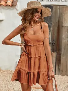 Holidaya Swiss Dot Frill Trim Cami Dress Vacation Beach Outfits Women orange corduroy dress sundress gown plain fashion casual dresses spring