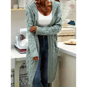 Solid Open Twisted Knitted Hooded Cardigan, Casual Long Sleeve Mid-Length Sweater with Pockets, Women's Clothing