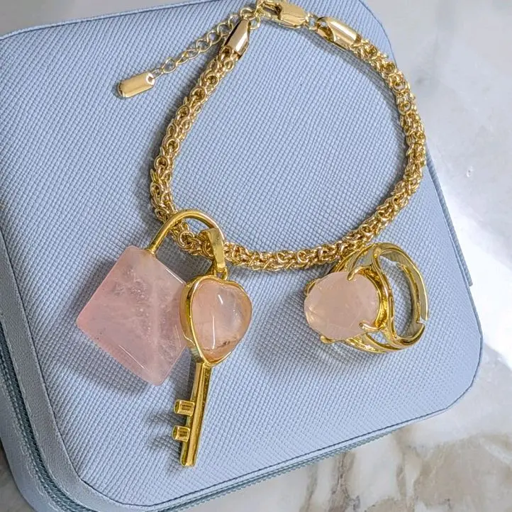 Popular 2-Piece Fashion Rose Quartz Gold-Plated Bracelet & Ring Set, Sweet Female Costume Jewelry, Gifts for Women