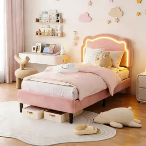 Garvee - Marco de Cama Doble tapizado LED para niñas, Marco de Cama de Plataforma de Terciopelo con cabecero, Soporte de Listones de Madera, no Necesita somier
