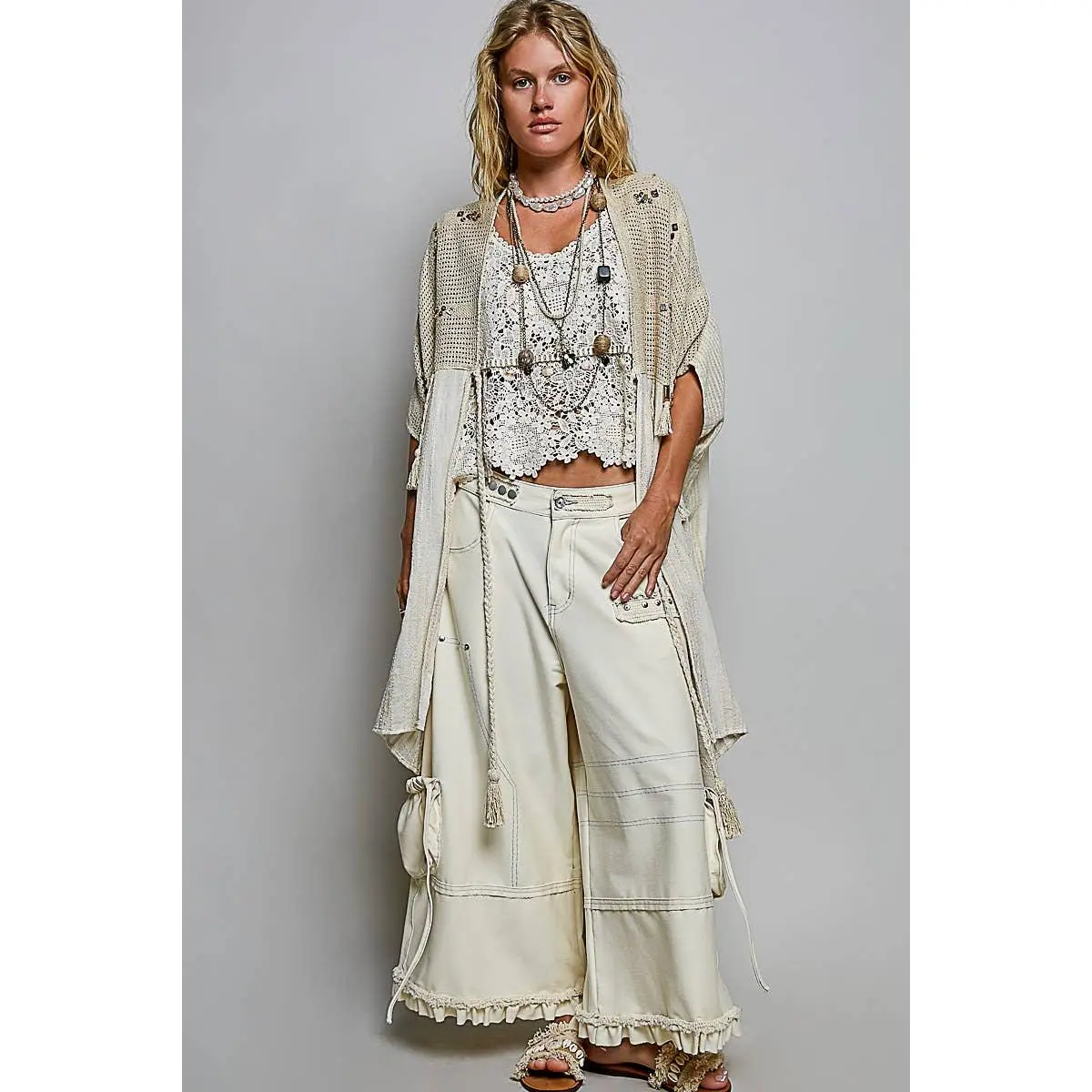 Boho Crochet Contrast Sequin Tassel Midi Kimono Fit Cardigan