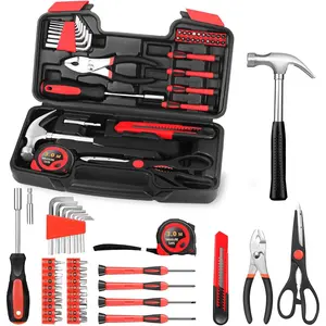 39-Piece Household Tool Set with Toolbox Storage Case - All Purpose Small Hand Tool Kit Includes Essential Tools for Home, Office, College Repairs, Red
