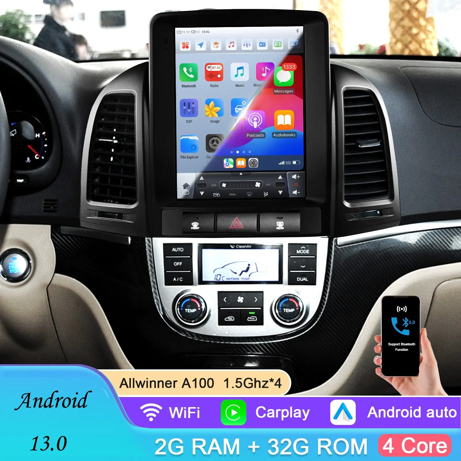 Hizpo 9.7-Inch 2 Din Android 13 Car Radio - Carplay, GPS Navigation, Bluetooth, High Definition, Supports DAB+, Car Video Players for Hyundai Santa Fe II CM 2006-2012