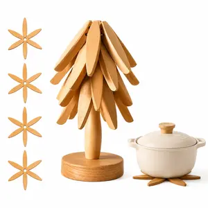 Natural Wood Cutting Board Set, 4 Boards & 1 Stand, Heat Resistant, Foldable, Durable High Density, Kitchen Insulation Pads, Christmas Gift