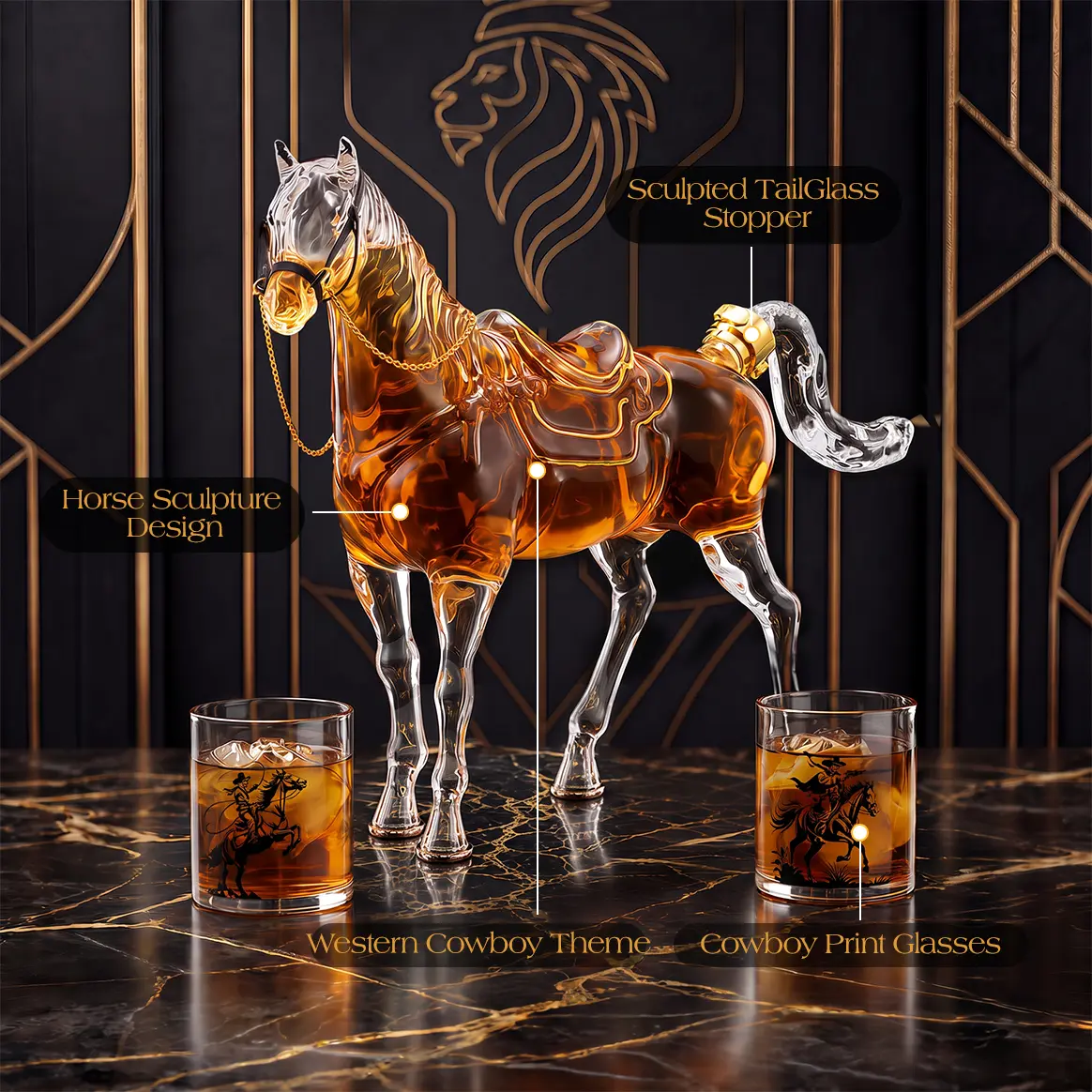 Kollea Horse Shaped Whiskey Decanter Set with Luxury Gift Box,Man Cave Bar Accessories,67oz Decanter&2 9.8oz Cowboy Bottles,Glassware for Western Cowboy Fans,Gifts for Him,Husband,Brother,New Year&Anniversary,Empty Decanter,No Alcohol Included,sohochic