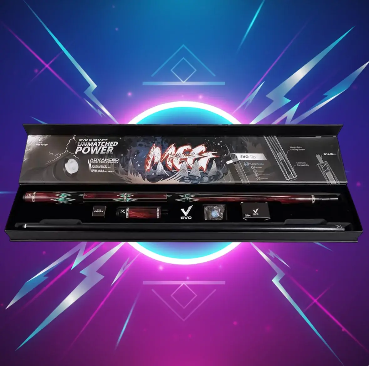 EVO MEG Maxbing Edition – Crimson Jaw Cue | Predator Power, Glassfiber Stability, EVO 12.5mm Tip, 29" Shaft & Butt, Wrapless Grip, 5/16-18 Joint, Complete Player Kit