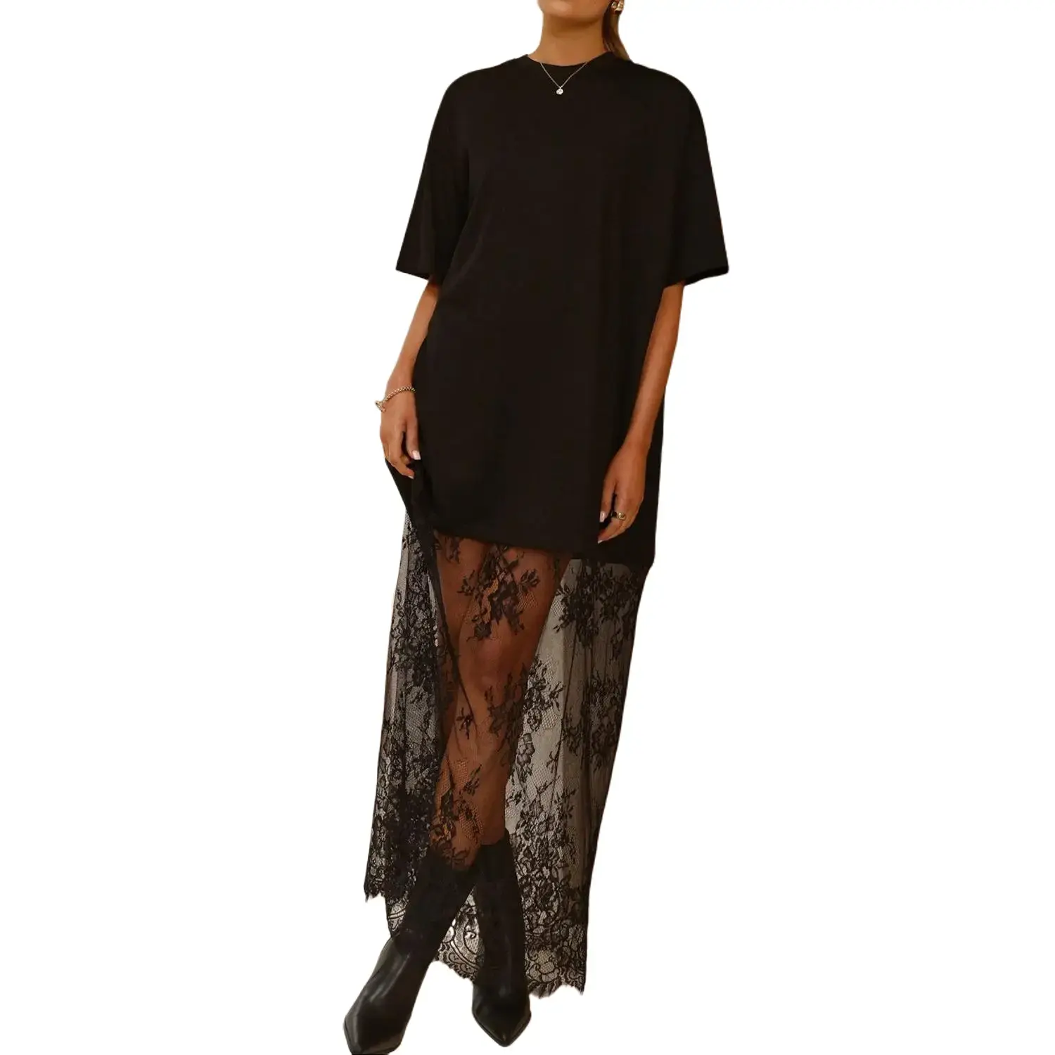 Women's Casual Wear Black Floral Patchwork Short-Sleeve Loose Maxi Dress