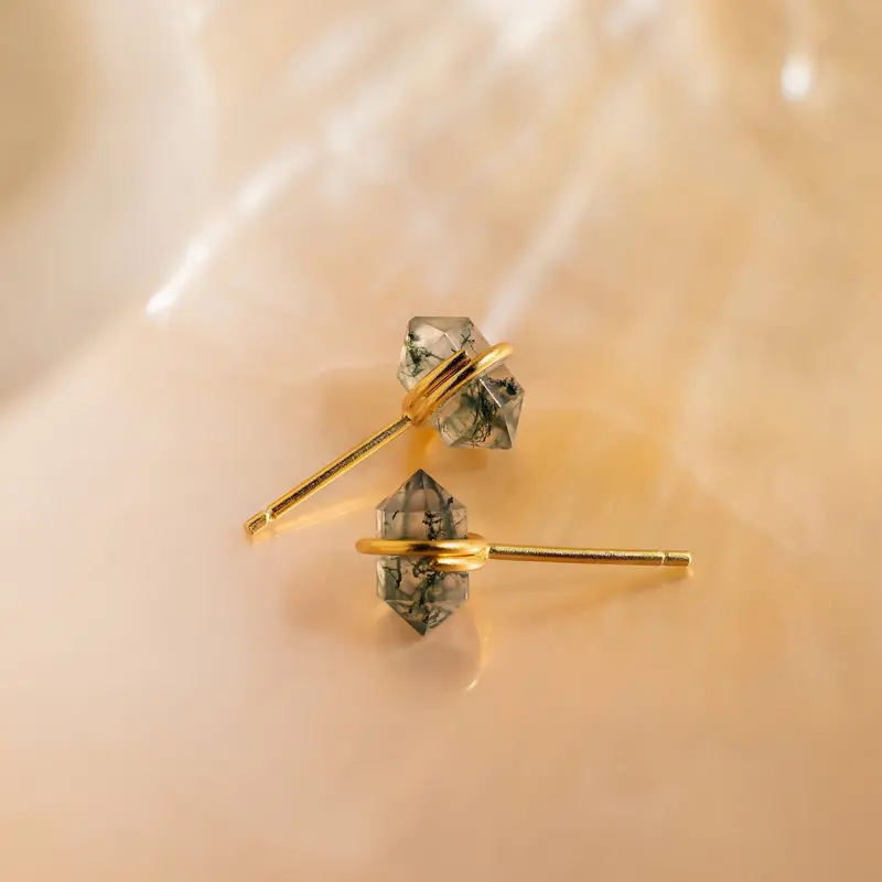 Herkimer Agate Studs by Caitlyn Minimalist - Green Geometric Moss Agate Stud Earrings - Boho Crystal Jewelry - Gift for Mom