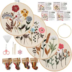 SQ-HDJ053 Embroidery Kit, 4 Sets Embroidery Kit for Beginners with Stamped Flower Pattern, Cross Stitch Starter Kits for Adults Hand Craft Lover with Embroidery Hoop, Instructions and Threads