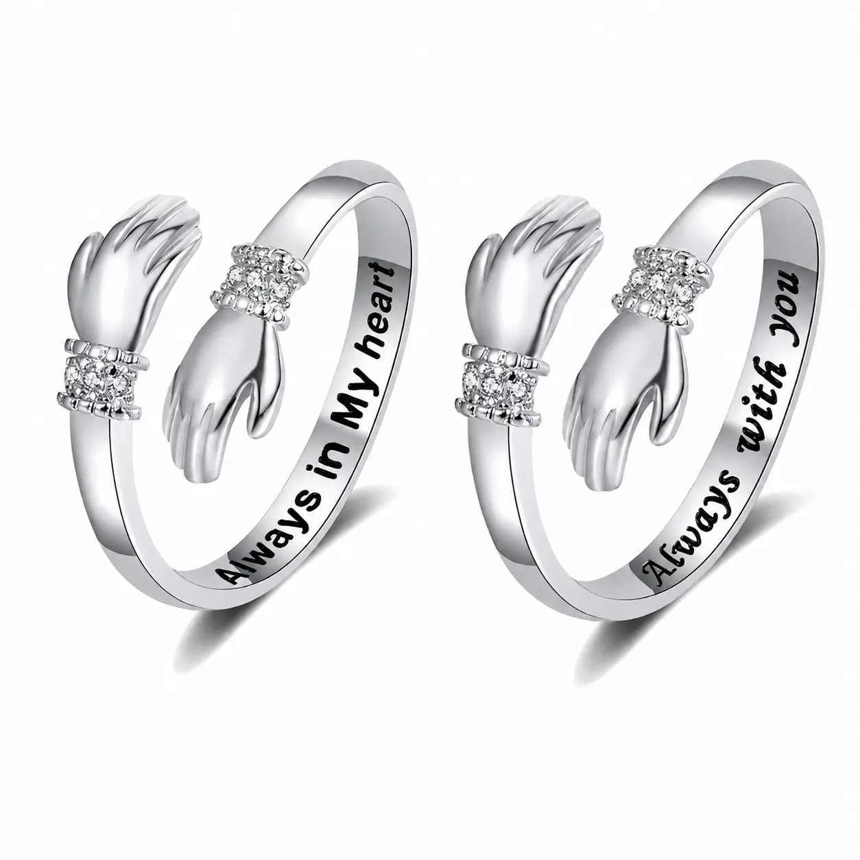 Women's 2-Piece Adjustable Stainless Steel Stackable Birthstone Rings, Engraved "Always With You", Dainty Silver Jewelry, Women's Gifts for Christmas, Mother's Day Accessories, Stackable Birth Stone Ring, Rings For Women