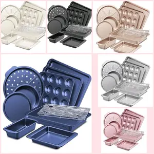Bakeware Sets, Baking Pans Set, Nonstick Oven Pan for Kitchen with Wider Grips, 10-Piece Including Rack, Cookie Sheet, Cake Pans, Loaf Pan, Muffin Pan, Pizza Pan - Pink