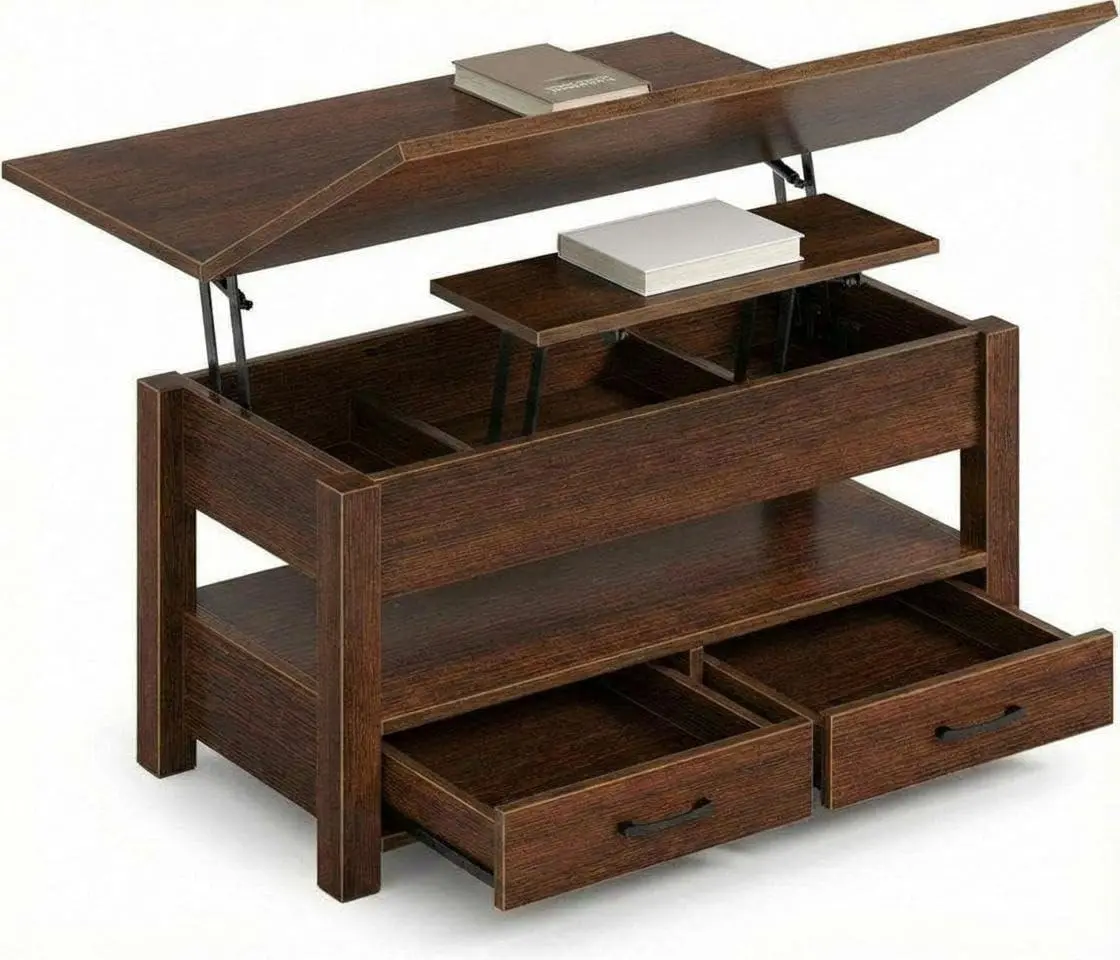 Gaomon Walnut Brown Farmhouse Rectangular Lift Top Coffee Table - 39.4" Indoor Furniture with Sturdy Base, Hidden Storage, 2 Drawers, Convertible for Living Room, Farmhouse Home Decor
