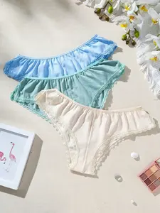 Women's Solid Color Lace Trimmed Triangle Panties ,3 Pcs