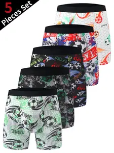 Men's Soccer Print Stretch Boxer Briefs 5 Pack, Long Leg, No Ride Up No Roll Legs, Moisture Wicking Quick Dry Cooling, Anti Chafe Tagless Stretch, Active Running Cycling, Big&Tall Multipack Assorted Colors AllSeason