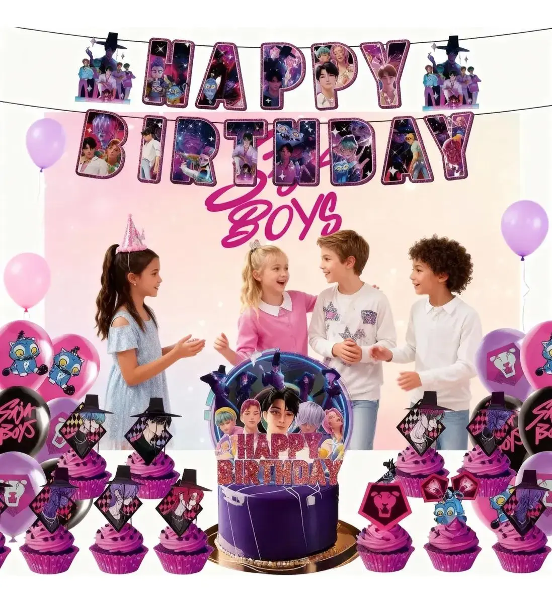 KPOP Boy Pink Theme Movie Birthday Party Supplies, Banner Backdrop, Floating Decorations and Balloon Cake Card Top Decoration Set