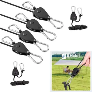 4pc 1/8" Adjustable Rope Hanger, Heavy Duty Ratchet Tie Down Strap with Reinforced Metal Gear, Ratcheting Pulley System Kayak Straps for Hanging Plants Grow Light and Various Tie-Down Uses
