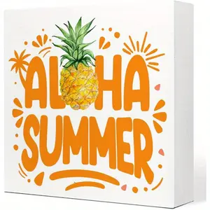 Summer Desk Decor, Aloha Summer Pineapple Wooden Plaque Sign Desk Decor, Rustic Pineapple Wood Block Sign Desk Decorations for Farmhouse Home Kitchen Farm Garden Shelf Table Decor 5x5 inch