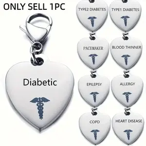 Heart Shaped Stainless Steel Car Keychain, Diabetic Pendant Keychain, Car Interior Decoration Accessories for Men & Women, Lightweight Keychain